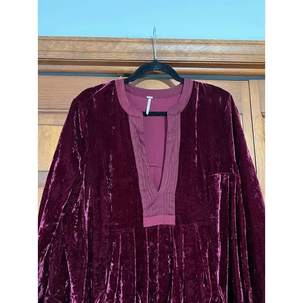Free People Women's Choose Me Velvet Mini Dress Burgundy Babydoll Boho Size M